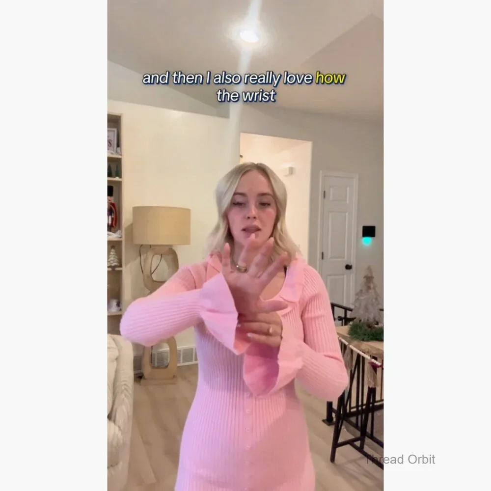 Ribbed Knit Midi Sweater Dress Long Sleeve Bodycon Ruffle Crewneck - Picture 6 of 7